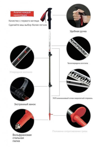 Треккинговая палка Naturehike 135 см, 1 шт., черный/красный в Курске