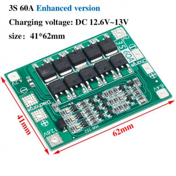Плата защиты аккумулятора BMS 3S 60A 12.6 для Li-ion в Курске