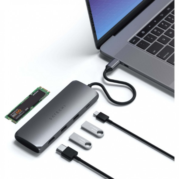 Док-станция Satechi USB-C Hybrid Multiport Adapter (with SSD Enclosure M.2 SATA, 2xUSB 3.1, USB Type-C, HDMI), Серый ST-UCHSEM в Курске